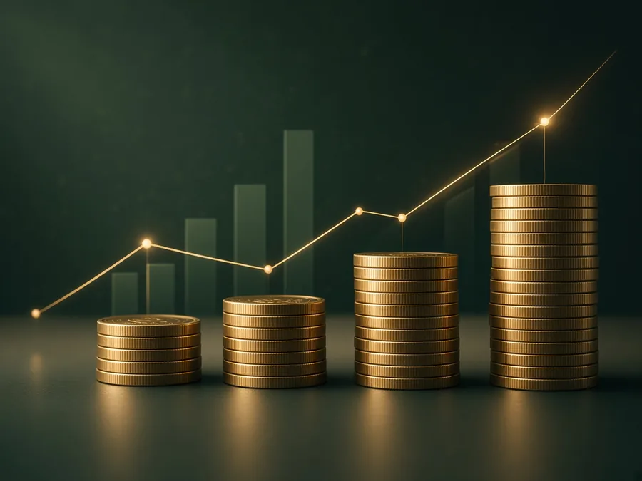 Stacks of gold coins beneath a rising gold line chart.